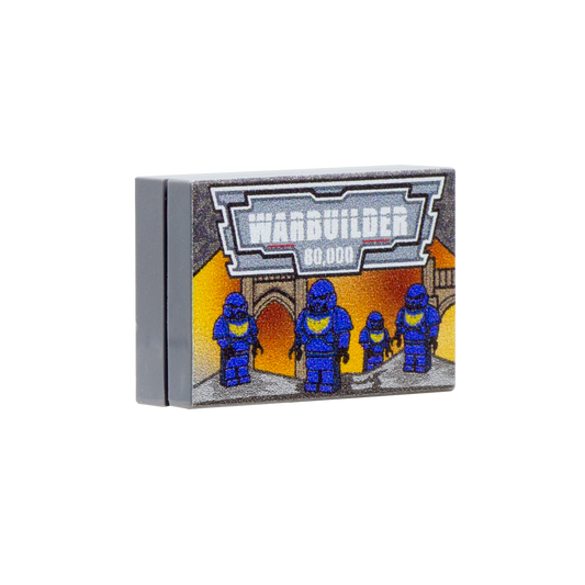 Custom-printed LEGO tile based on Warhammer RPG miniatures box made for fans of RPG and gaming. The print features blue Warhammer miniatures with yellow symbol on their chest.
