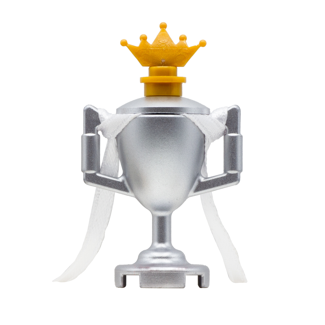 LEGO minifigure silver trophy with white ribbon and a golden crown.