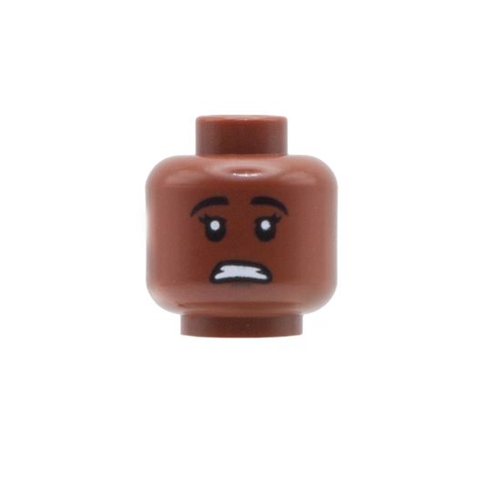 Worried/Slight Smirk with Eyelashes (Dark Skin Tone, Double Sided) - LEGO Minifigure Head