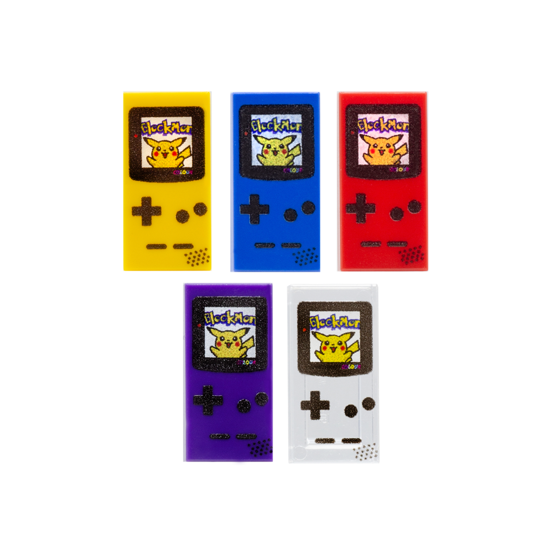 Five colourful Nintendo Game Boy consoles printed on LEGO tiles with Pikachu game inspired design.
