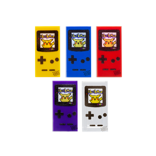 Five colourful Nintendo Game Boy consoles printed on LEGO tiles with Pikachu game inspired design.