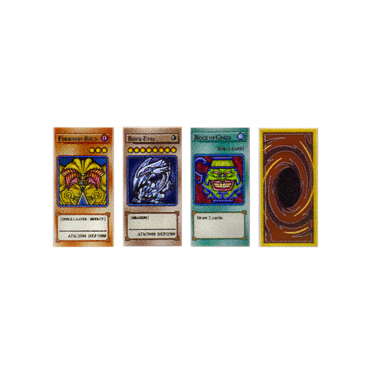 Four custom-printed LEGO tiles with design inspired by Duel Monsters playing cards, based on Yu-Gi-Oh! anime franchise. 