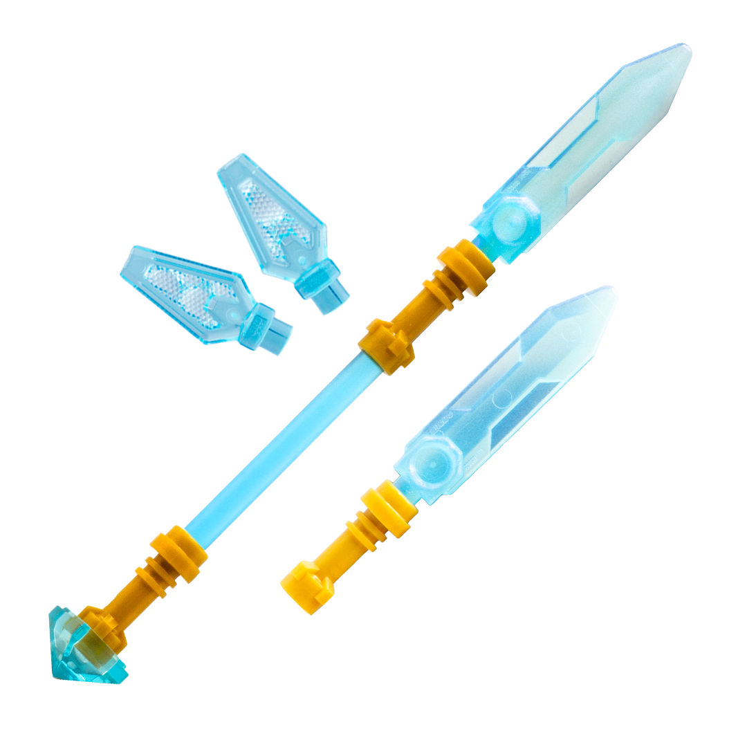 Three translucent blue and gold LEGO minifigure weapons inspired by K-Pop Demon Hunters animated movie.