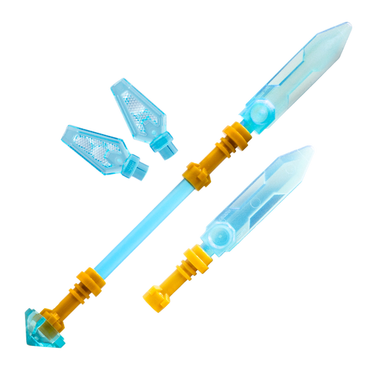 Three translucent blue and gold LEGO minifigure weapons inspired by K-Pop Demon Hunters animated movie.