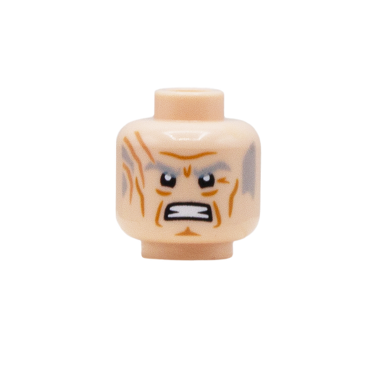 A single LEGO minifigure head piece with a pale peach skin tone, printed with an angry expression, orange scars and gray hair on the sides, isolated on a white background.