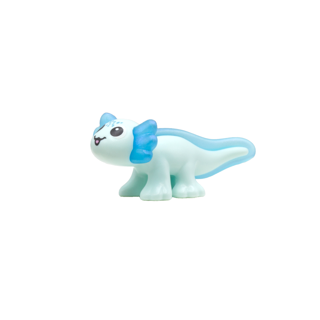 Cute blue LEGO axolotl accessory with big eyes and smile