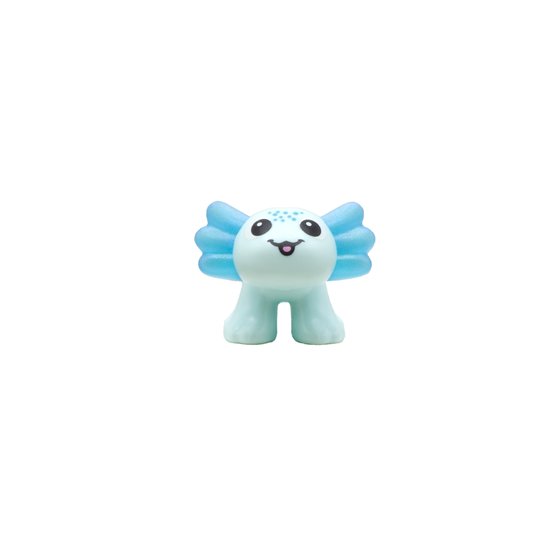 Cute blue LEGO axolotl accessory with big eyes and smile
