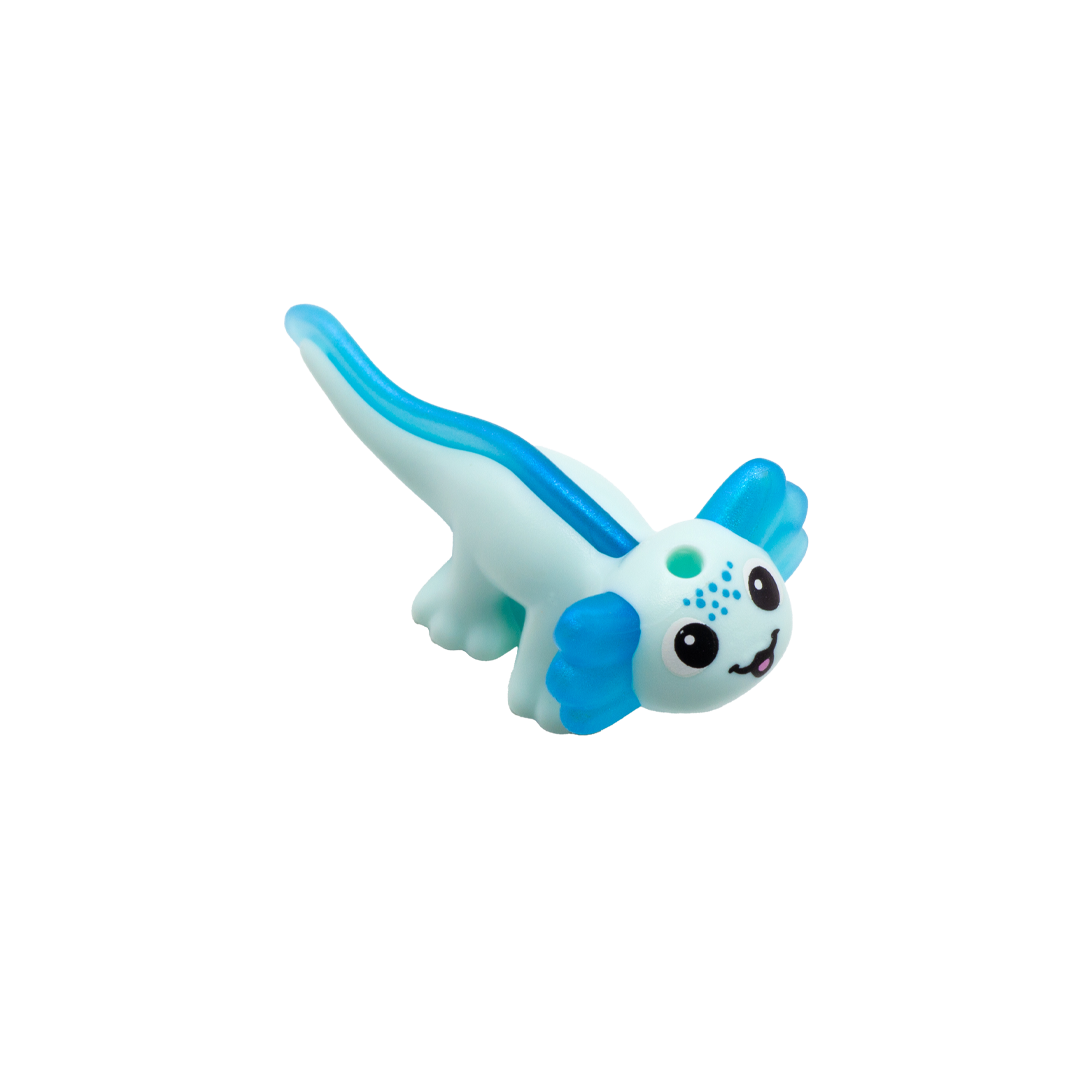 Cute blue LEGO axolotl accessory with big eyes and smile