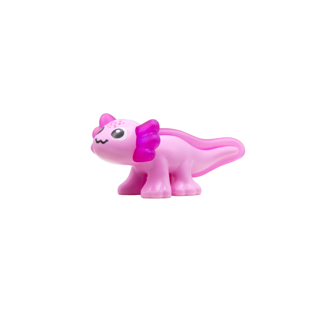 Cute pink LEGO axolotl accessory with big eyes and smile