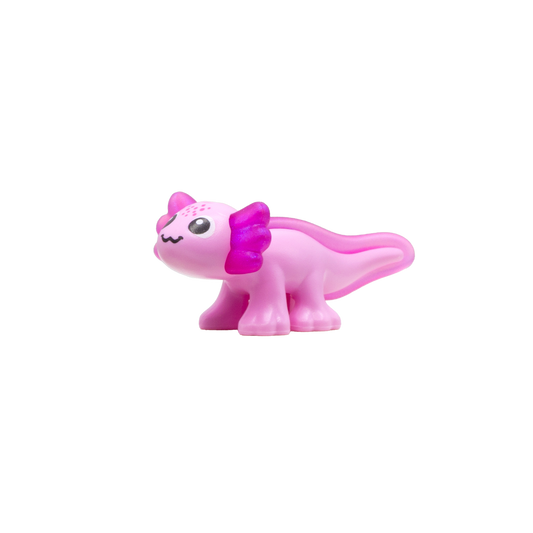 Cute pink LEGO axolotl accessory with big eyes and smile