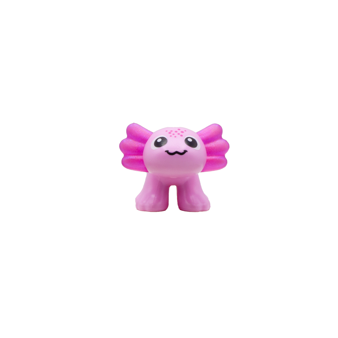 Cute pink LEGO axolotl accessory with big eyes and smile