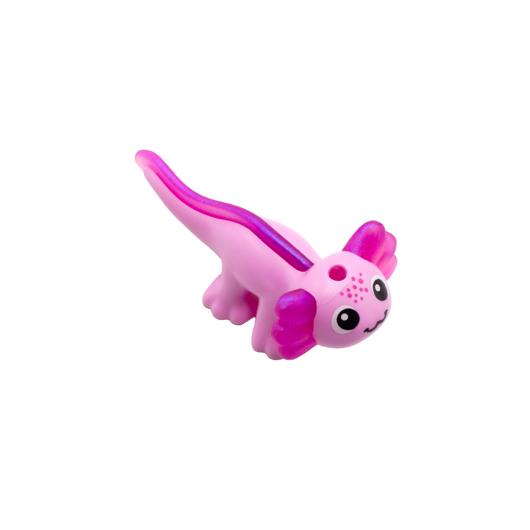Cute pink LEGO axolotl accessory with big eyes and smile