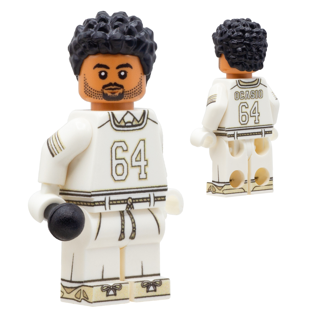 Custom LEGO minifigure inspired by singer, Bad Bunny from his Super Bowl performance, wearing white outfit and holding a microphone. 