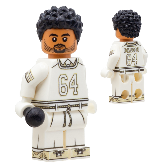 Custom LEGO minifigure inspired by singer, Bad Bunny from his Super Bowl performance, wearing white outfit and holding a microphone. 