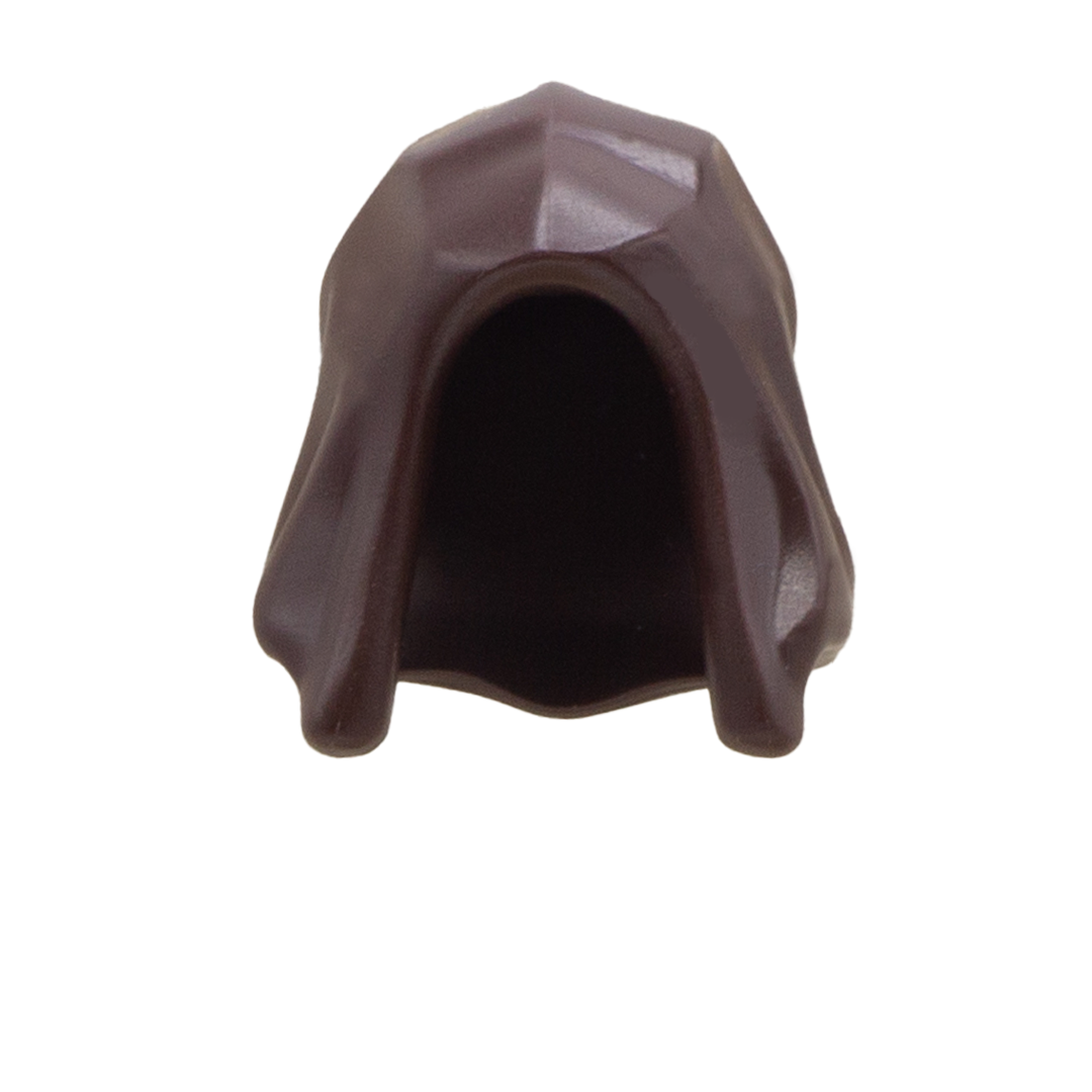 A dark brown LEGO minifigure headpiece or hood accessory. Front view