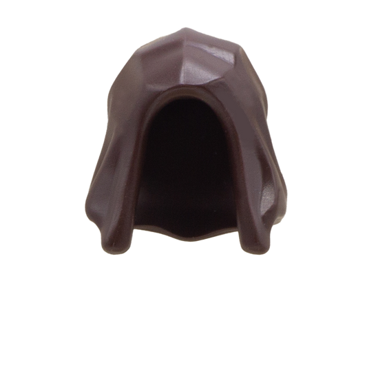 A dark brown LEGO minifigure headpiece or hood accessory. Front view