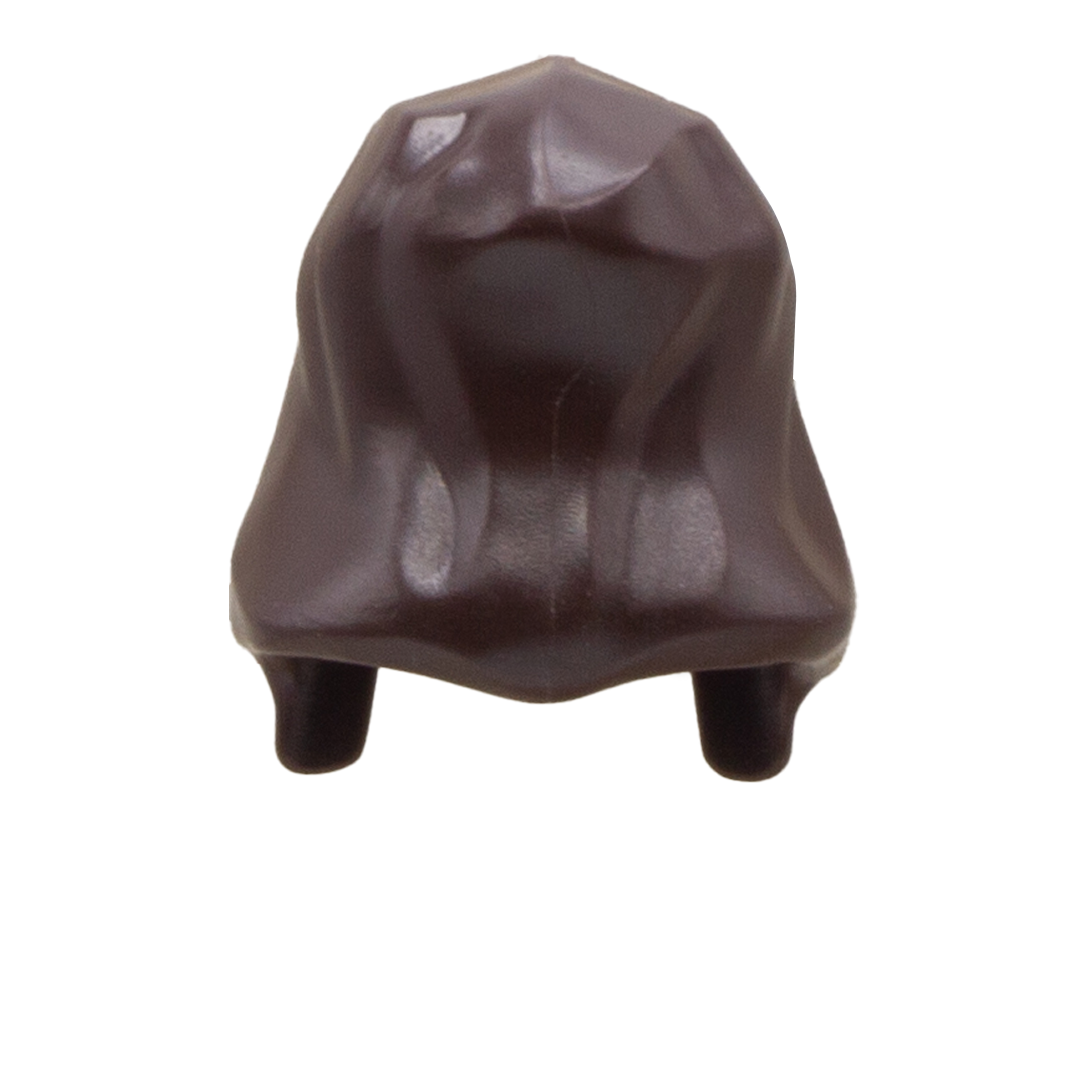 A dark brown LEGO minifigure headpiece or hood accessory. Rear view.