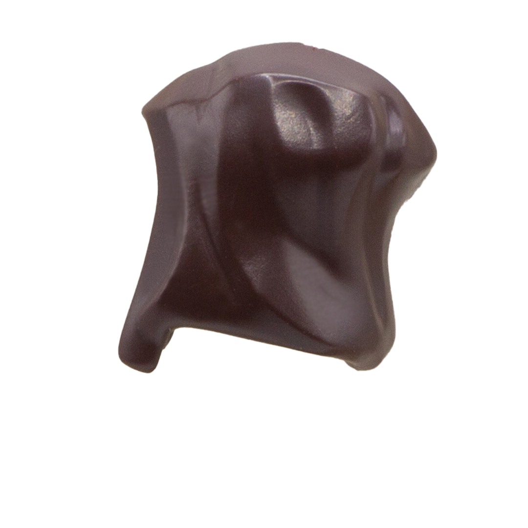 A dark brown LEGO minifigure headpiece or hood accessory. Side view.