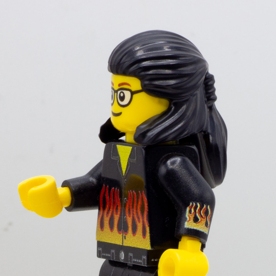 L;EGO minifigure wearing black combed back LEGO minifigure hair