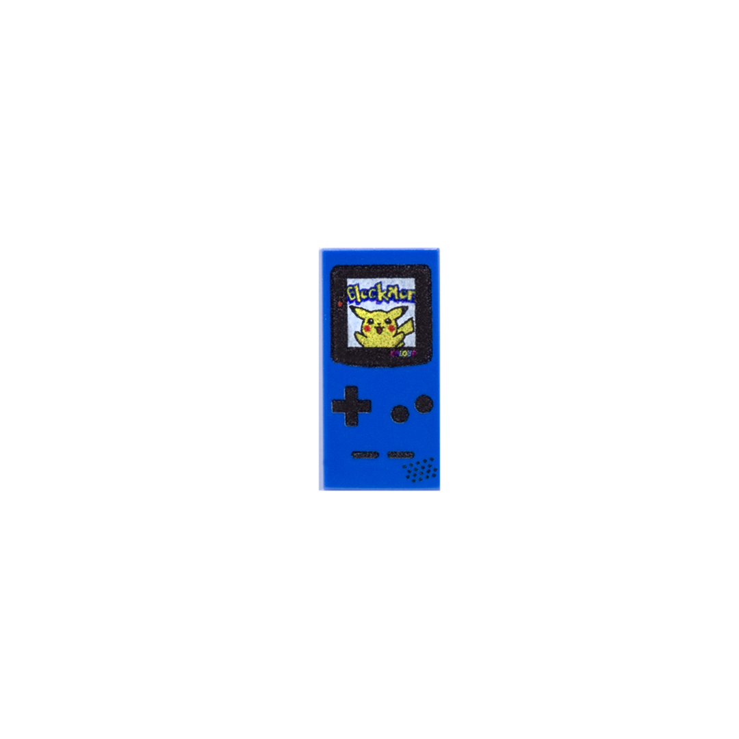 Blue Nintendo Game Boy console printed on a LEGO tile with Pikachu game inspired design