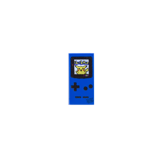 Blue Nintendo Game Boy console printed on a LEGO tile with Pikachu game inspired design