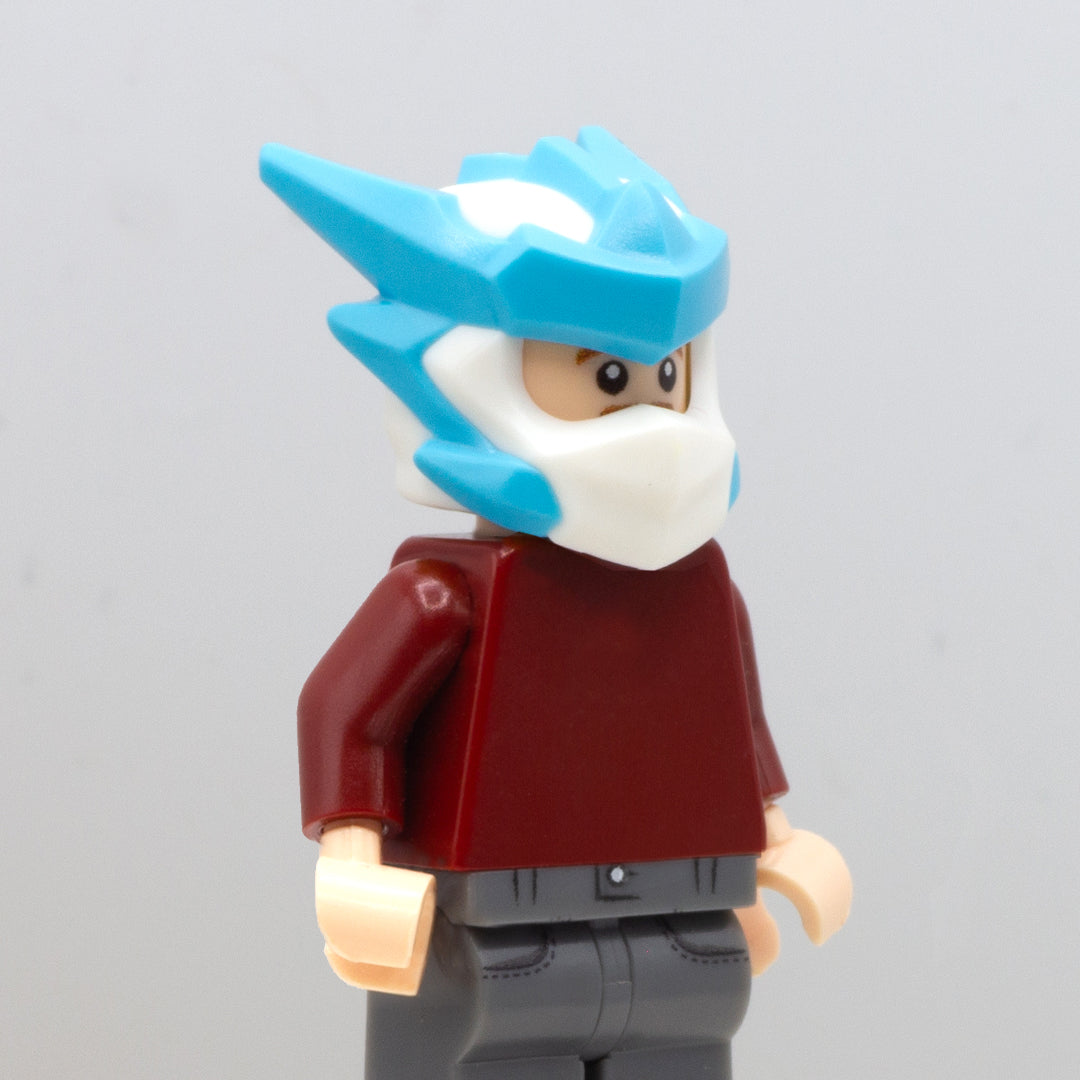 LEGO minifigure wearing genuine LEGO Ninjago Dragons Rising headgear in white and blue (Zane in Dragon Form).