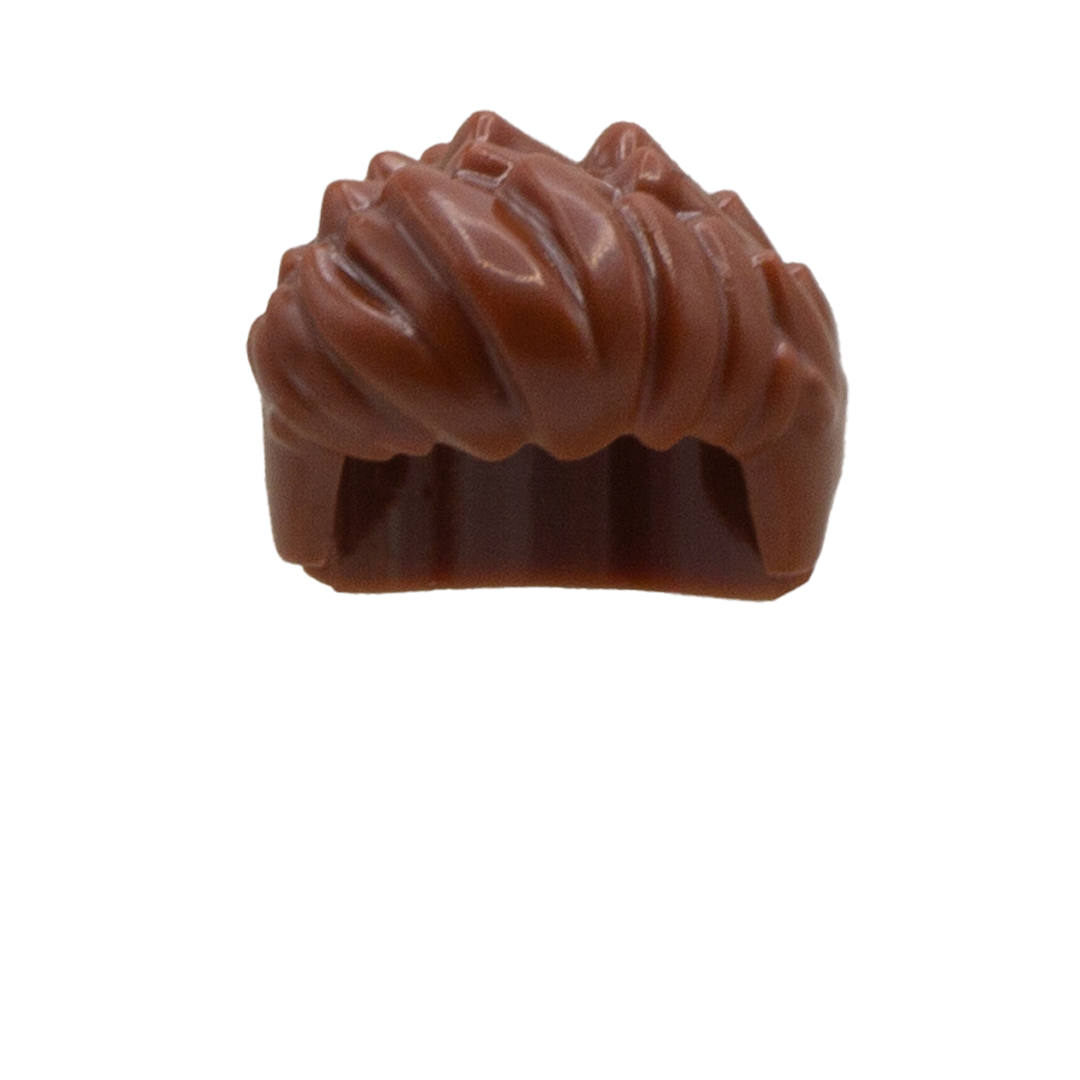 A brown LEGO minifigure hair accessory - short with spiked hairs. Front view.