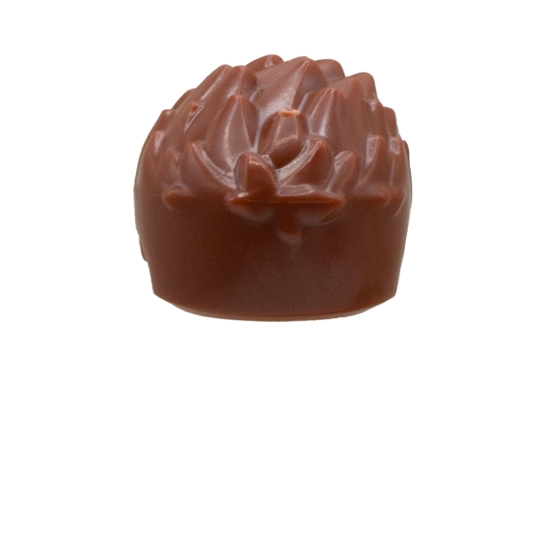 A brown LEGO minifigure hair accessory - short with spiked hairs. Rear view.
