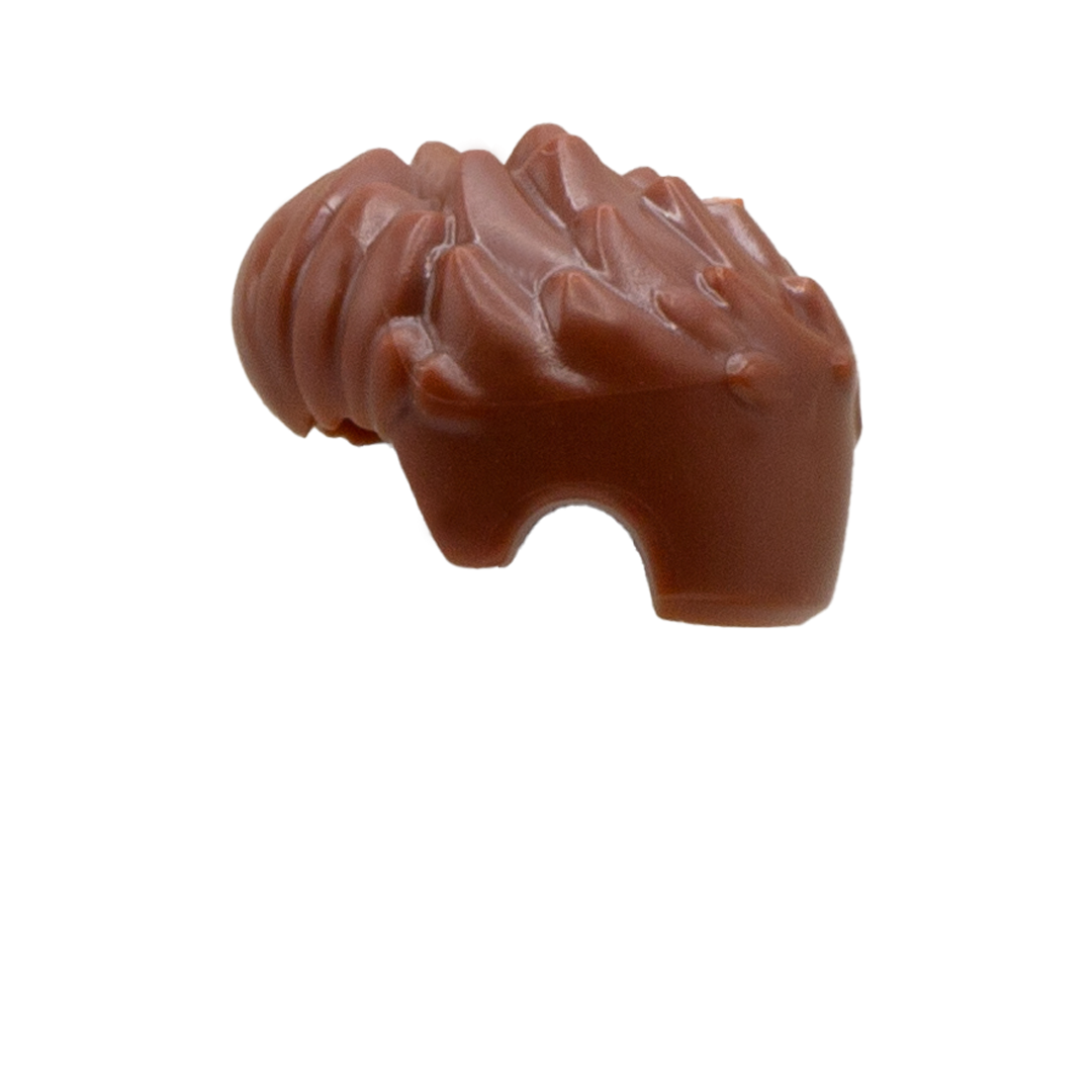 A brown LEGO minifigure hair accessory - short with spiked hairs. Side view.