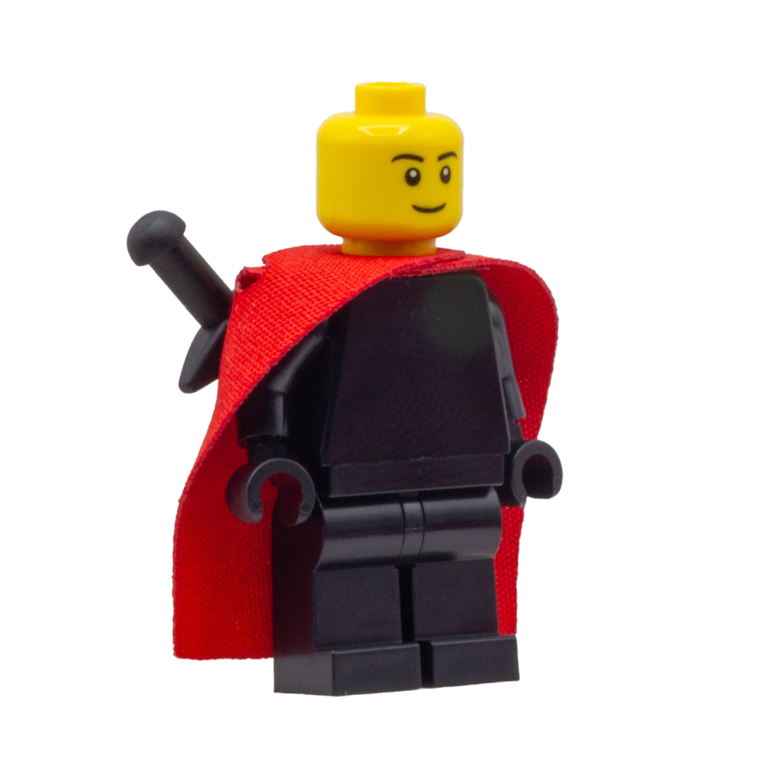 Front view of a minifigure wearing a red fabric cape with slots for LEGO swords.
