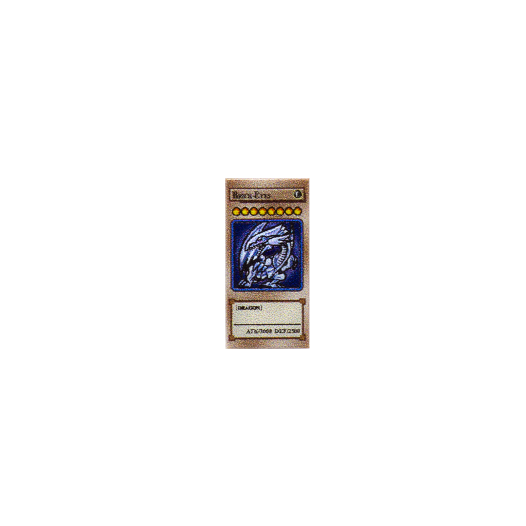 Brick-Eyes custom-printed LEGO tile with design inspired by Duel Monsters' Blue-Eyes White Dragon card.