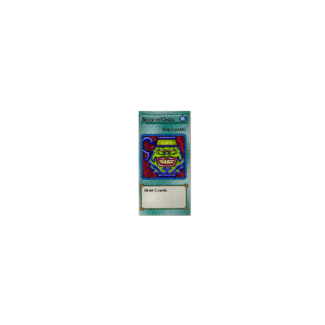 Brick of Greed custom-printed LEGO tile with the design inspired by Duel Monsters' Pot of Greed card.