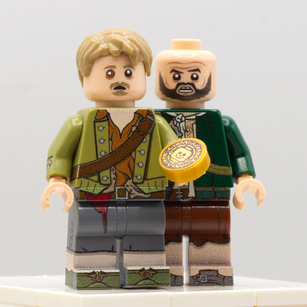 Pintel and Rigetti inspirited minifigures holding LEGO round tile with the print of the curse pirate coin from Pirates of the Caribbean franchise.