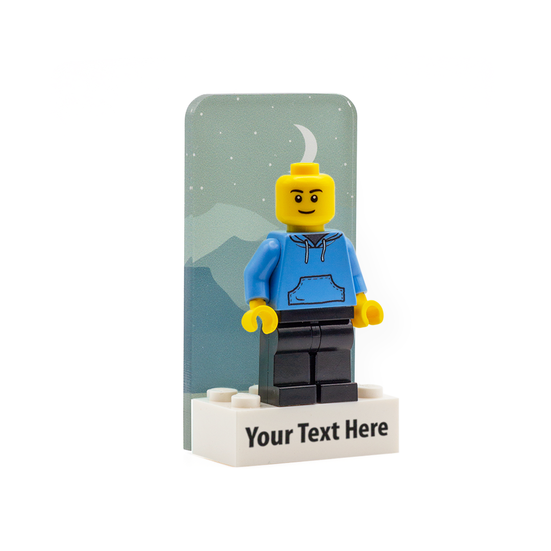 Crescent Moon personalised minifigure display (laser cut with your own text on a LEGO brick)