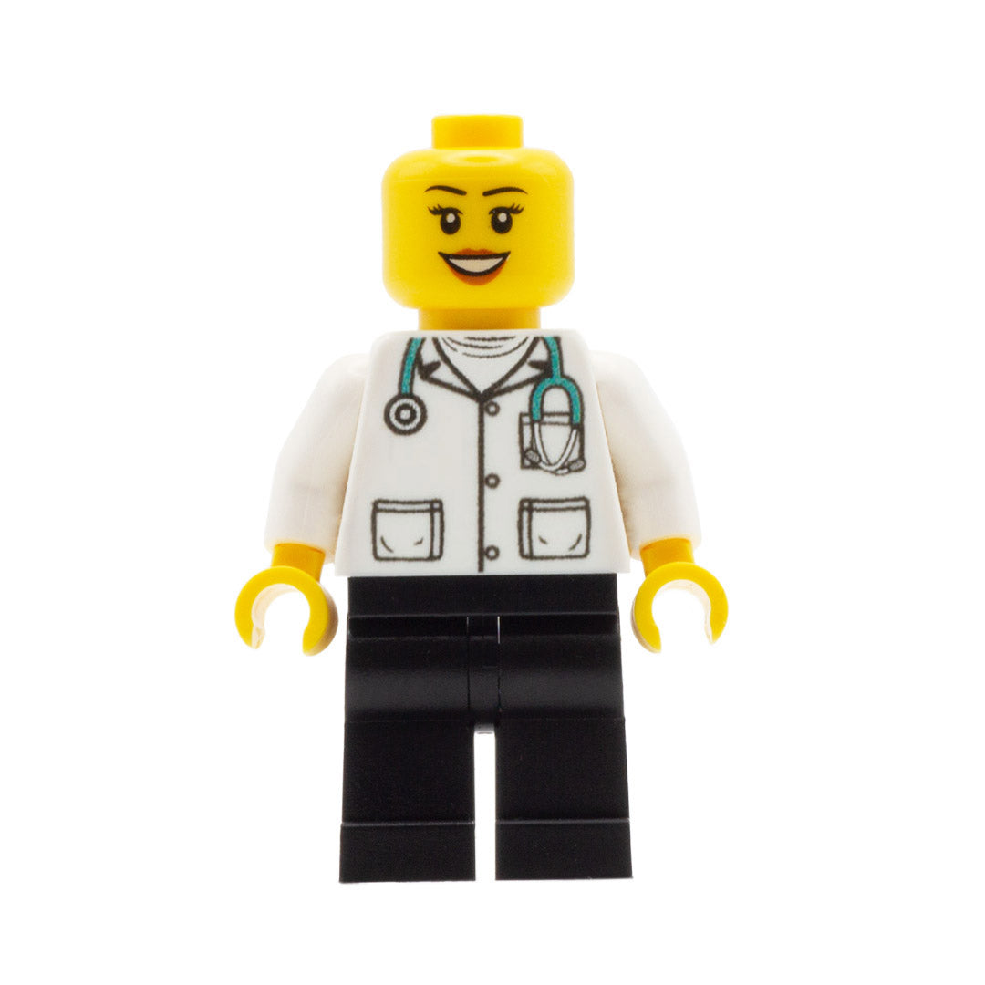 a custom lego doctor minifigure with smile and eyelashes 