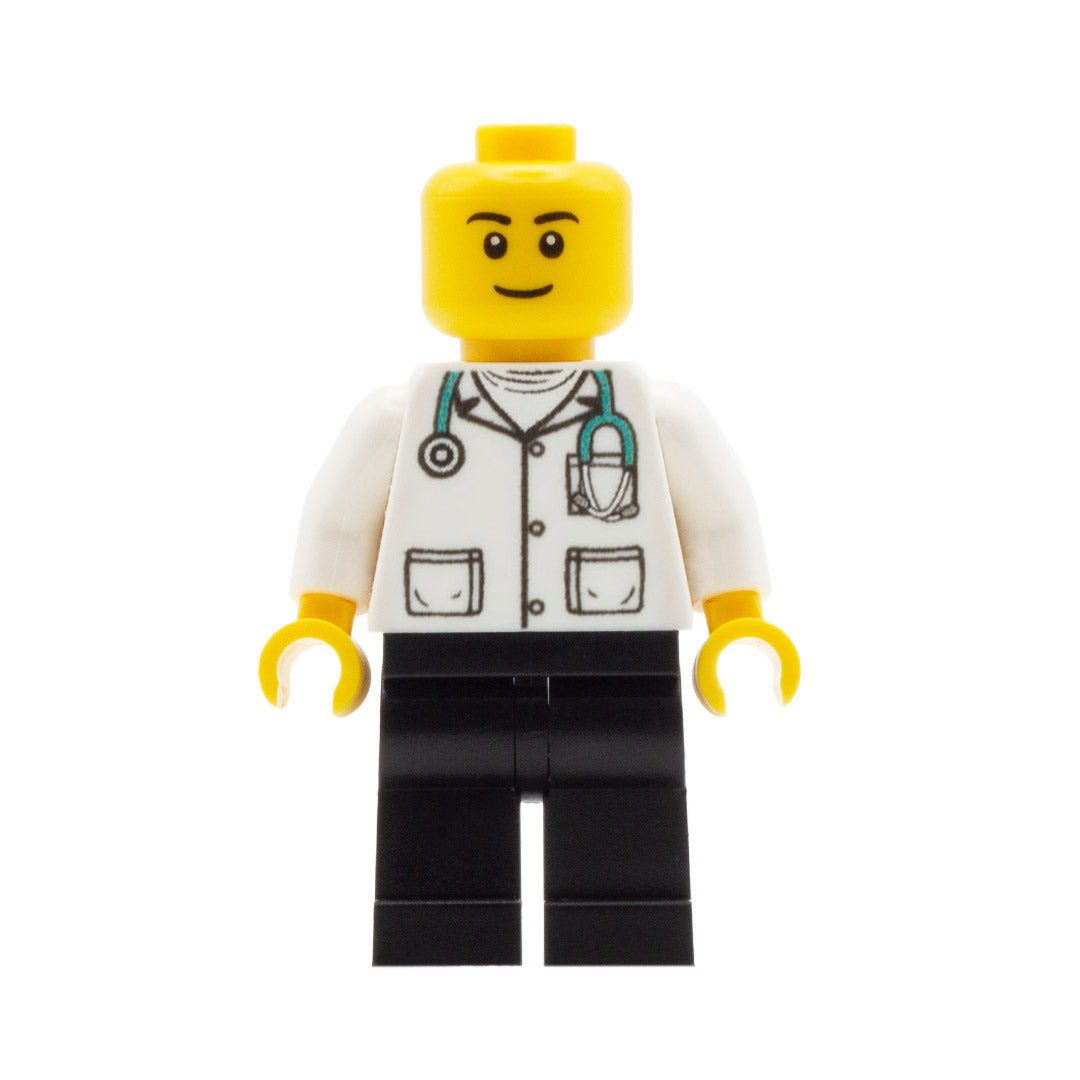 a custom lego doctor minifigure with closed smile