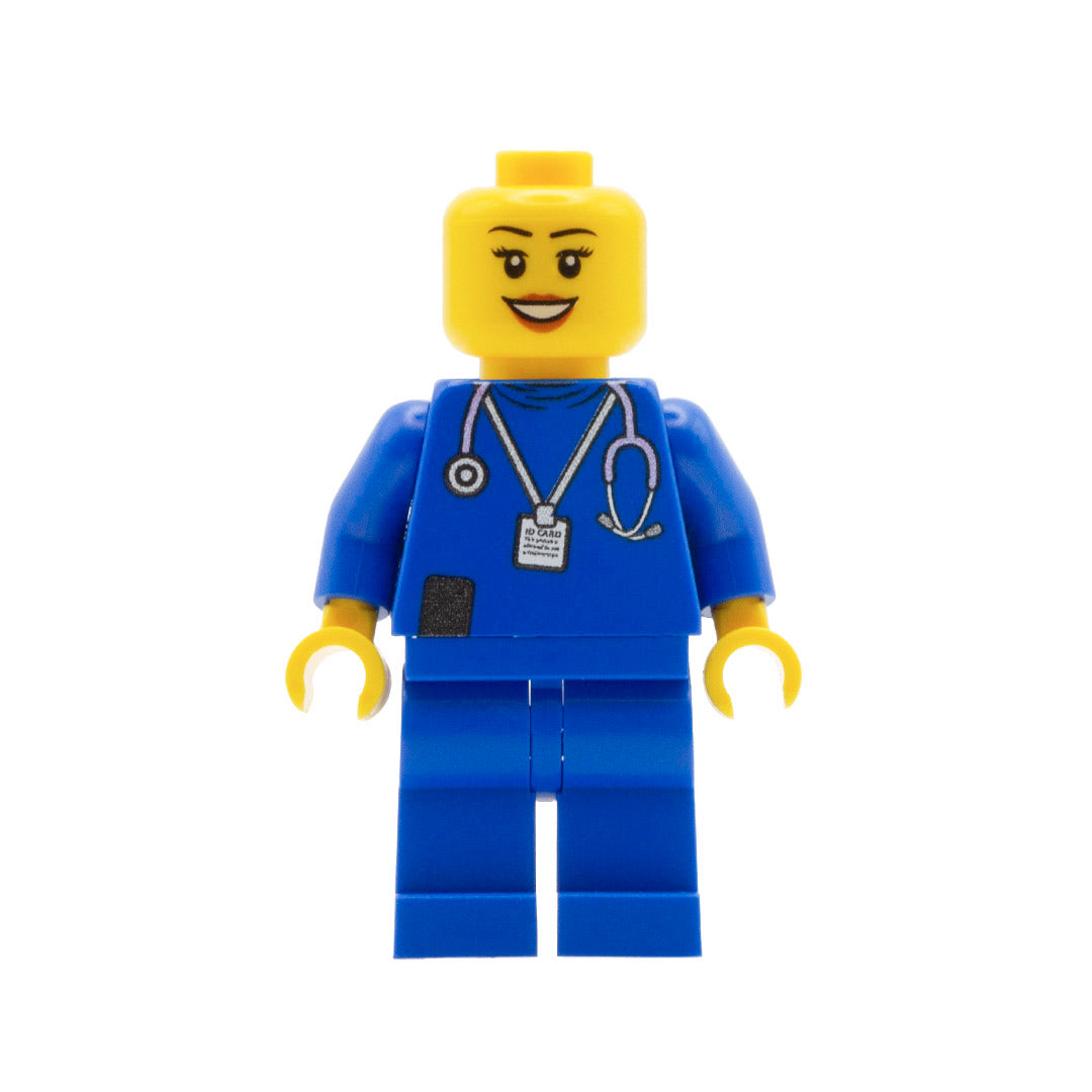 A custom lego minifigure in a blue nurse uniform with lipstick smile and eyelashes