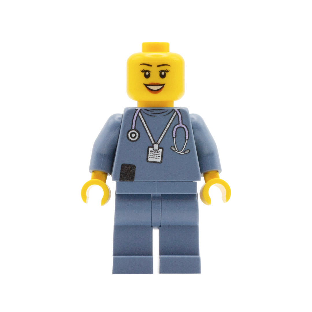 A custom lego minifigure in a blue grey nurse uniform with lipstick smile and eyelashes