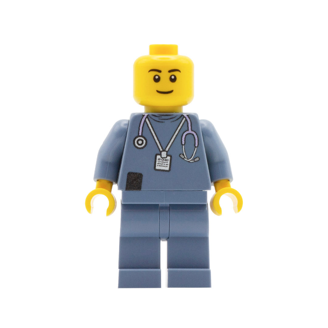 custom lego minifigure with blue grey nurse uniform and closed smile 