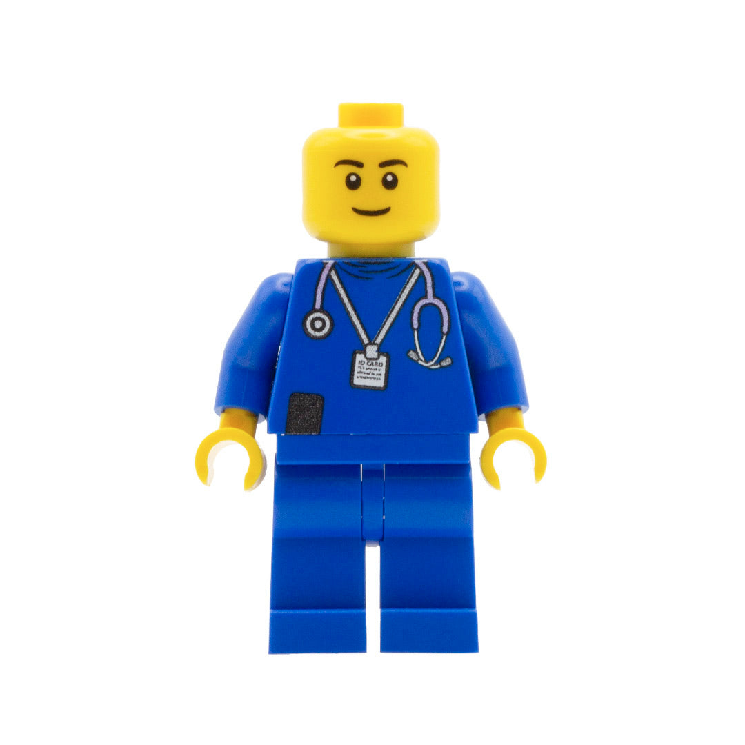 A custom lego minifigure dressed in a blue nurse uniform with a closed smile
