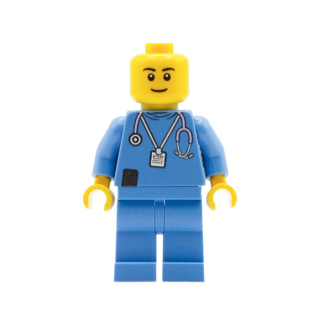 A custom lego minifigure dressed in a light blue nurse uniform with a closed smile 