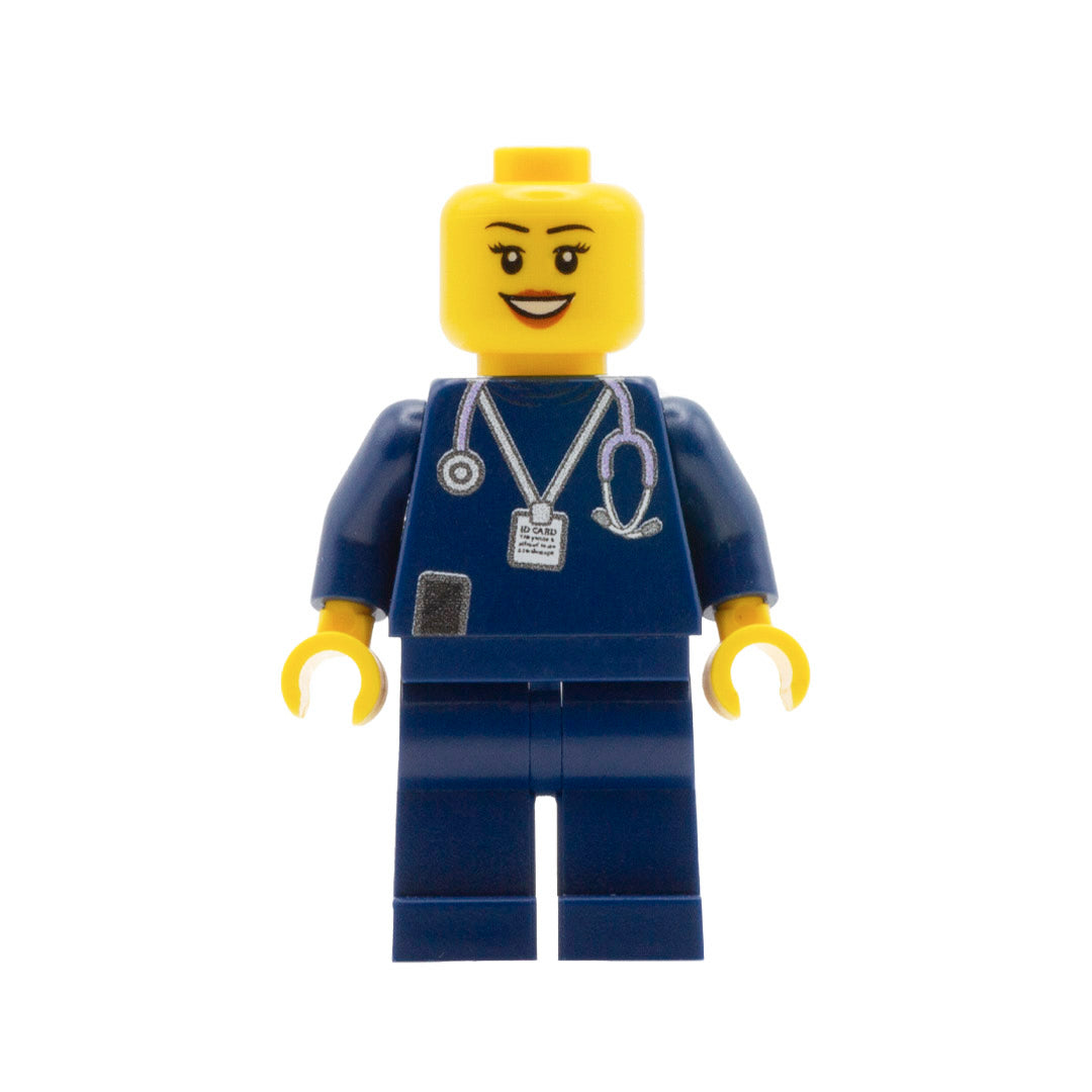 A custom lego minifigure with a navy nurse uniform and eyelashes smile