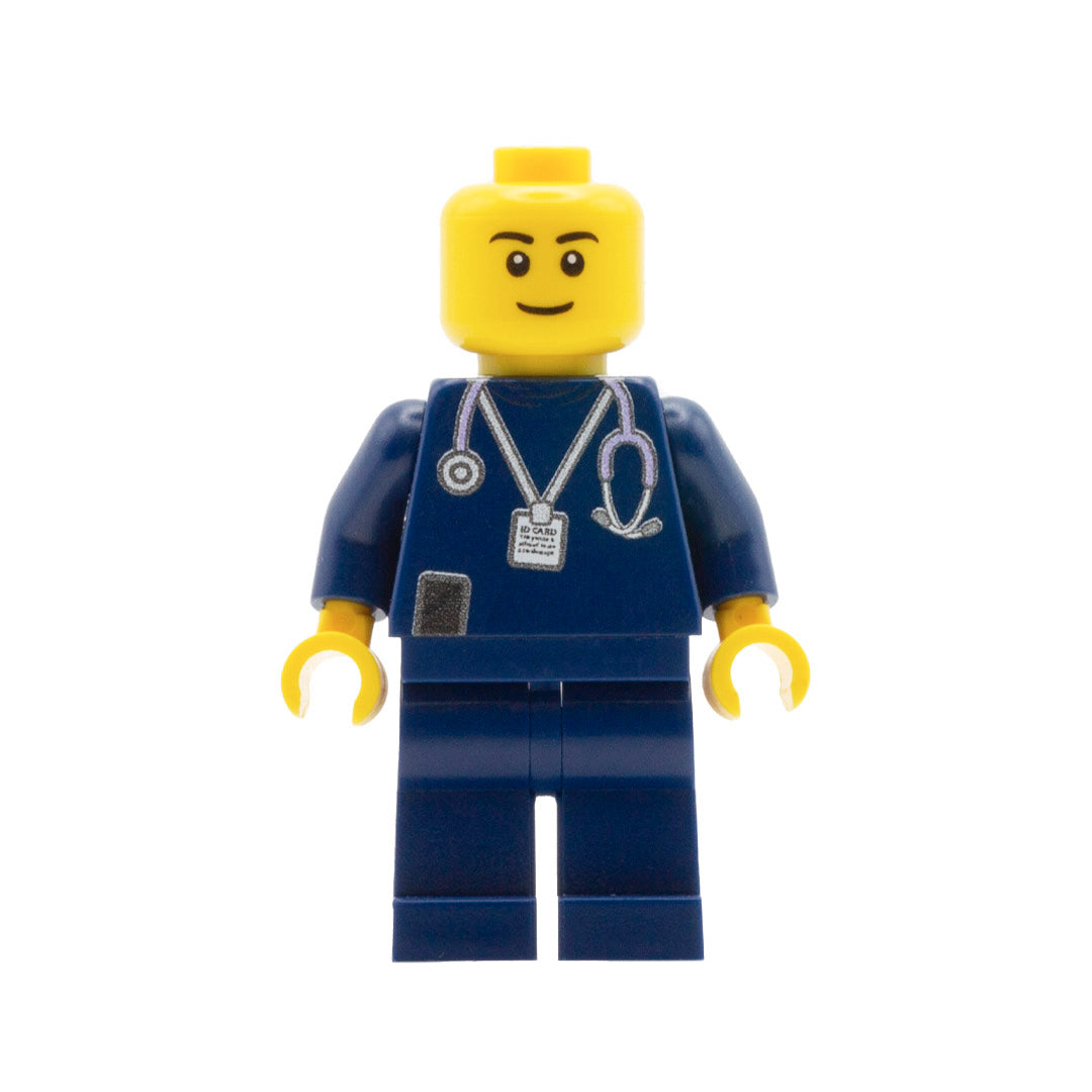 a custom lego minifigure with a navy nurse uniform and closed smile 
