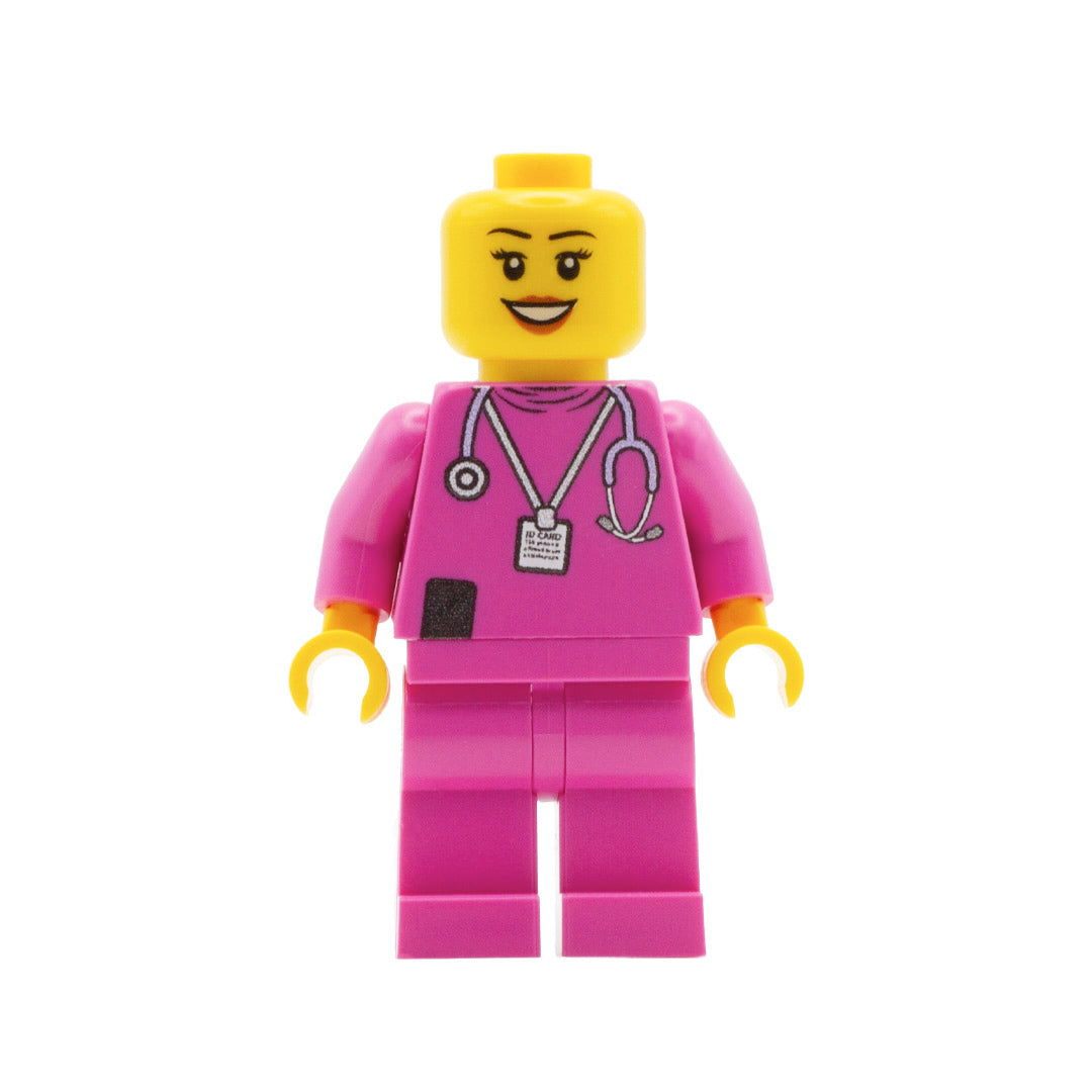 A custom lego minifigure in a pink nurse uniform with lipstick smile and eyelashes