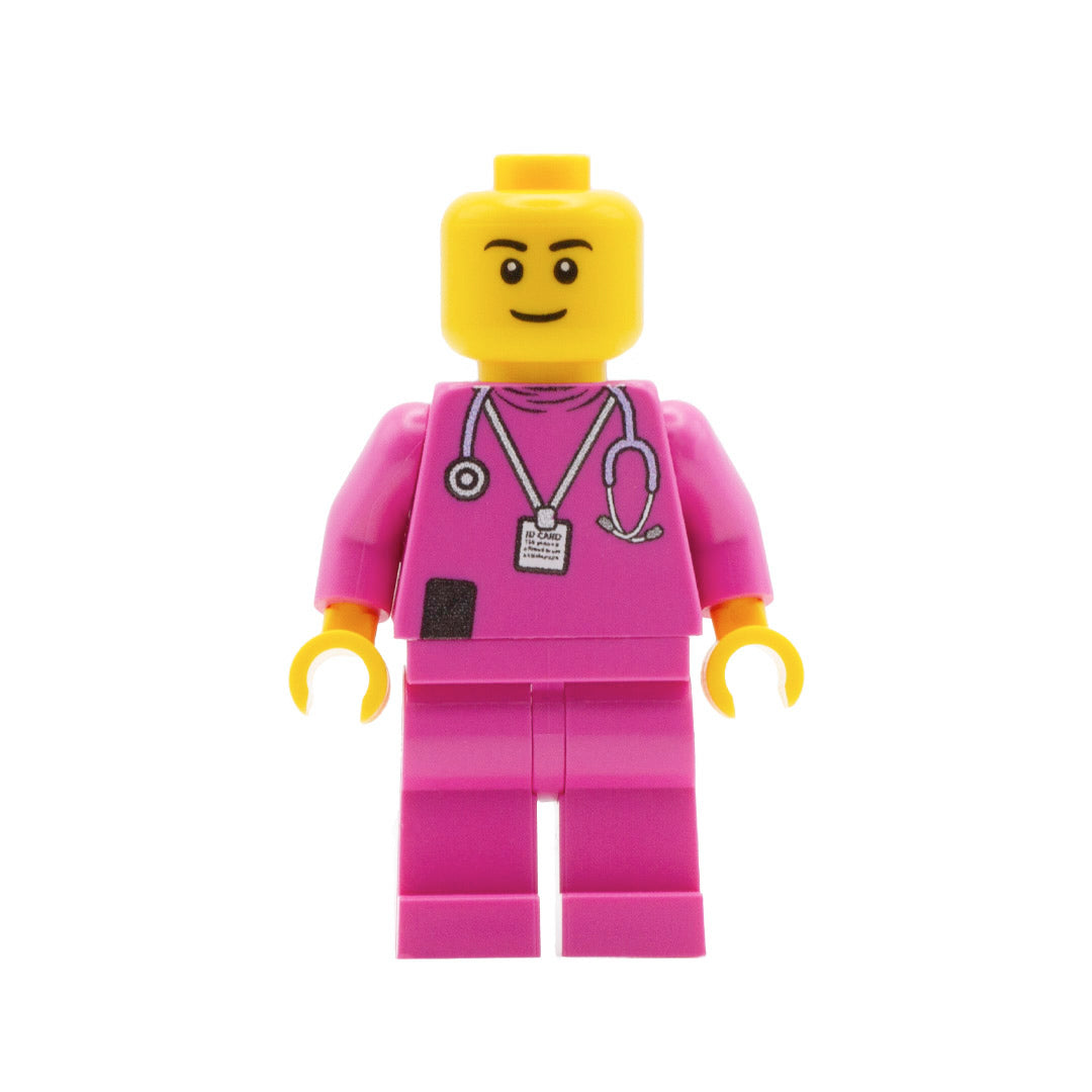 a custom lego minifigure wearing a pink nurse uniform with a closed smile 