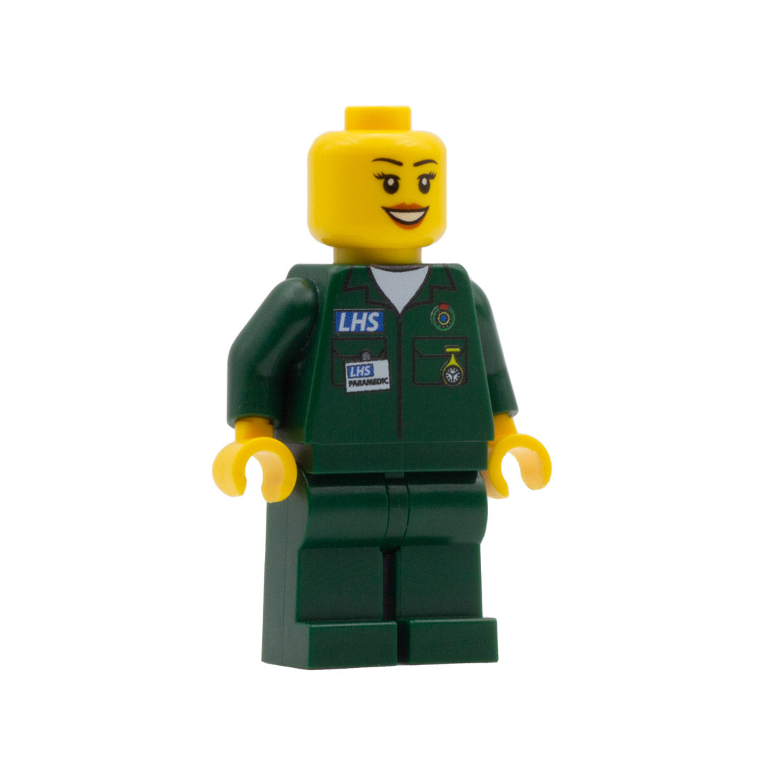 a custom lego minifigure with a dark green paramedic uniform, lipstick smile and eyelashes