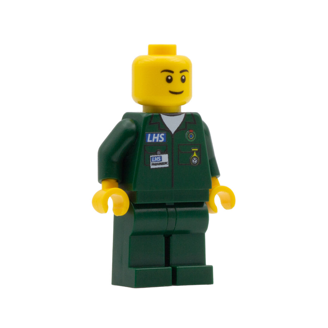 a custom lego minifigure wearing a dark green paramedic uniform with a closed smile 