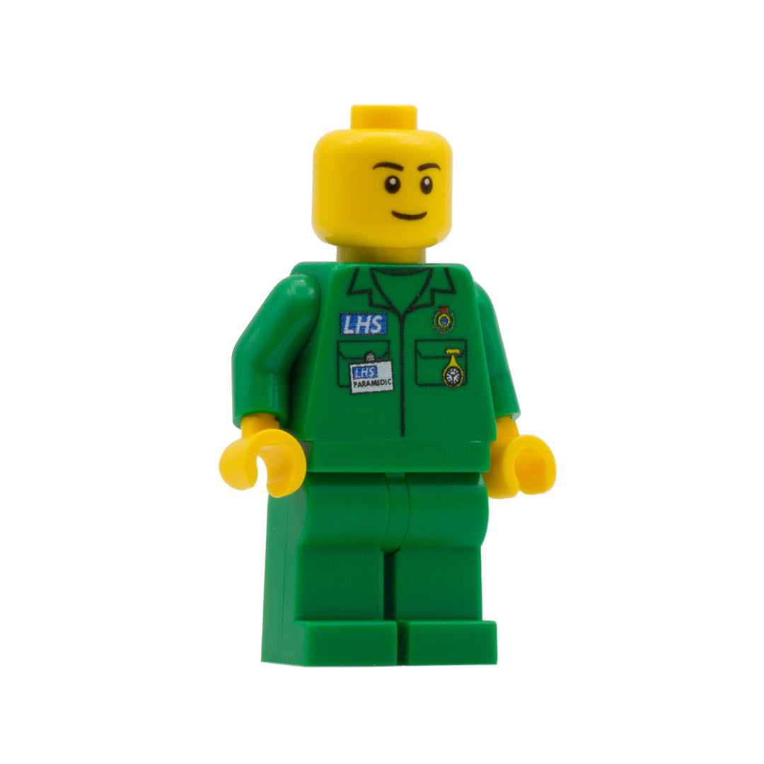 a custom lego minifigure dressed as a uk paramedic
