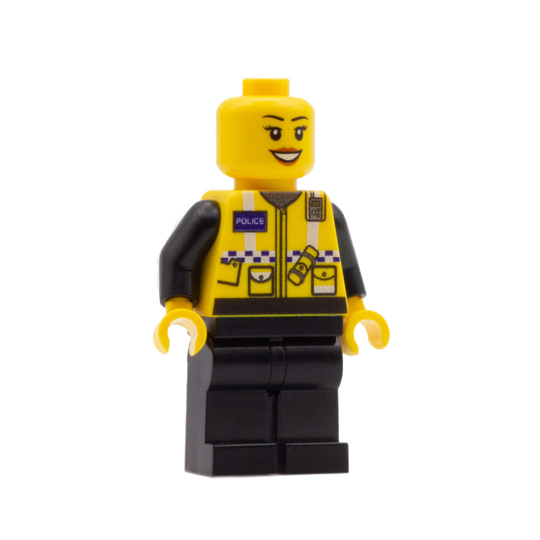 a custom printed lego police officer with lipstick smile and eyelashes no hair