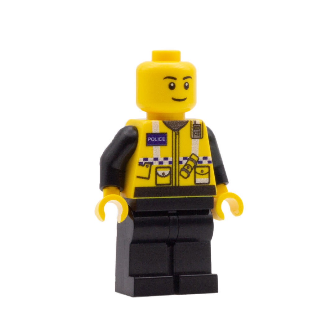 A custom printed lego police officer with a closed smile